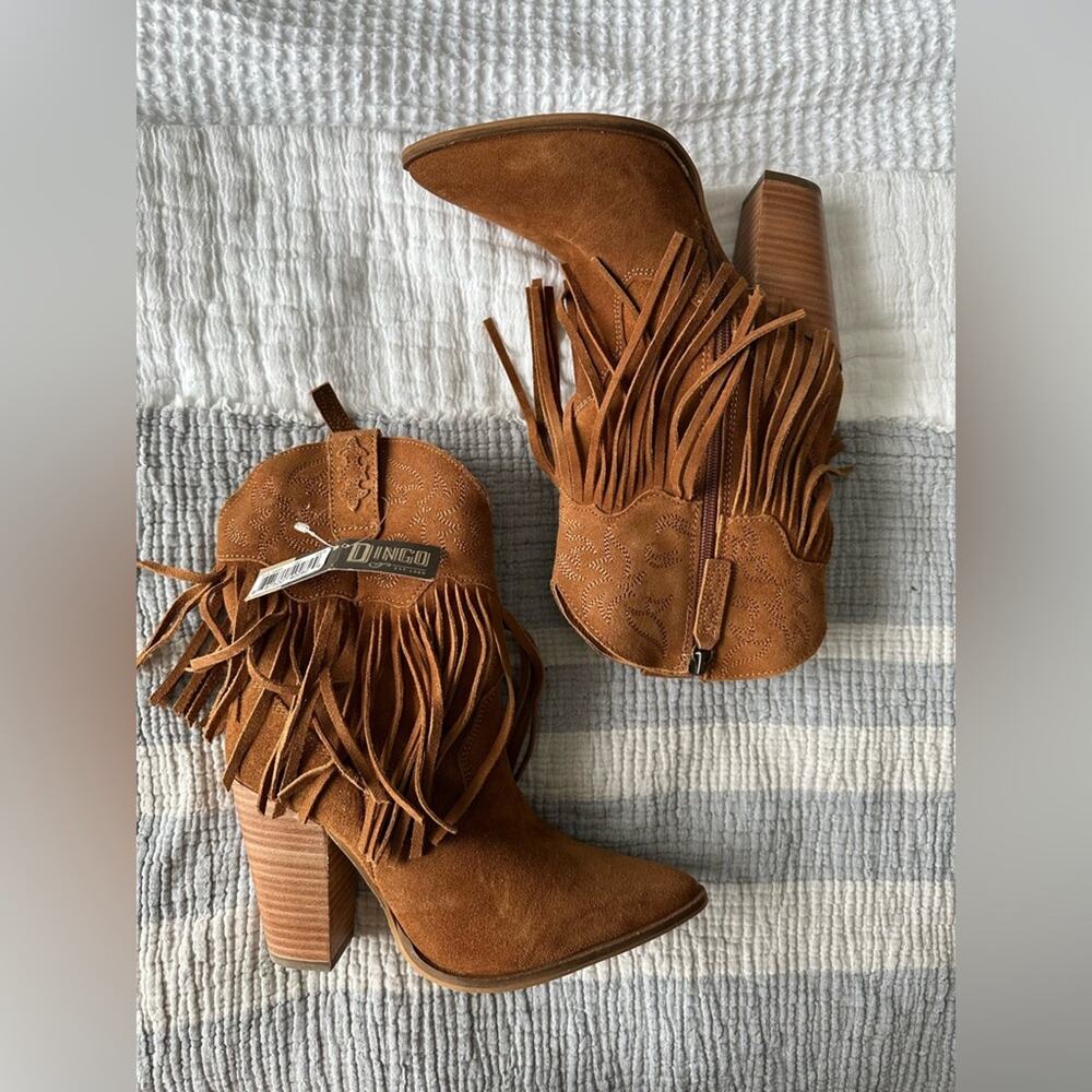 Dingo Fringe Cowboy Booties Womens 9 Camel Suede Western Embroidered Boots - Picture 4 of 10